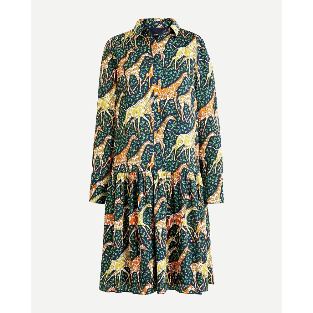 J. Crew Shirt Dress Giraffes Size M Silky Lined Drop Waist Long Sleeve Preppy